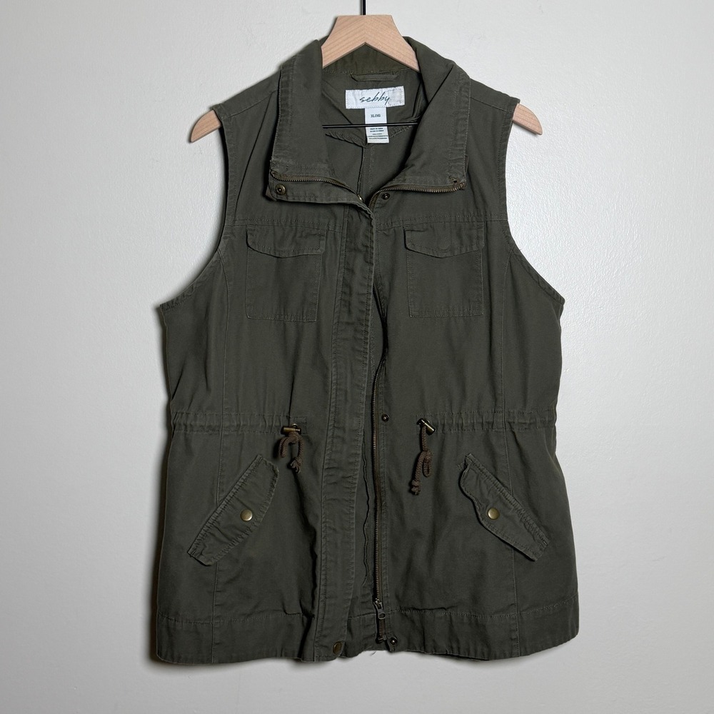 Sebby Womens Olive Green Utility Vest Cotton Canvas Drawstring Waist XL